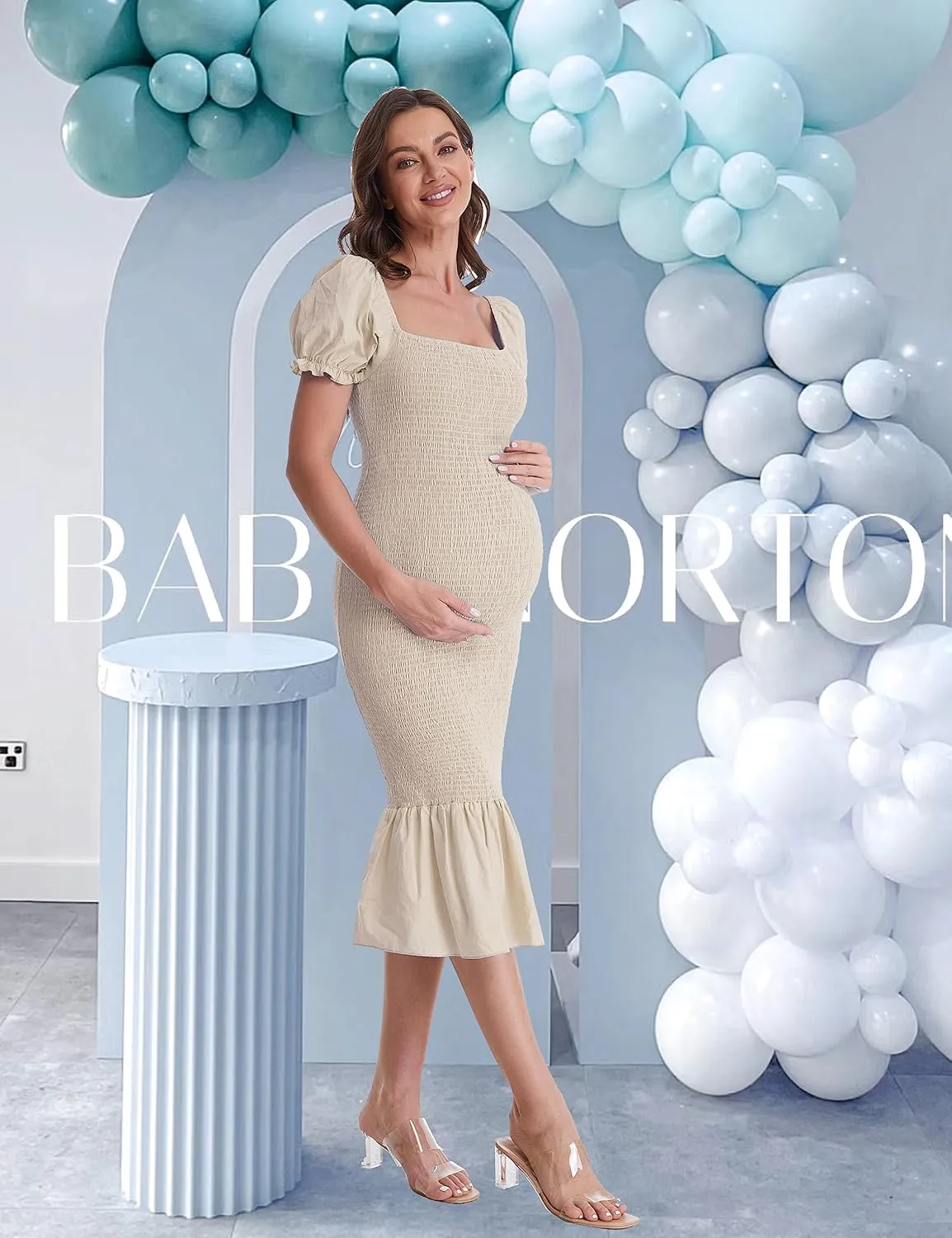 Maternity Summer Midi Bodycon Dresses, Short Puff Sleeve Square Neck Ruffle Hem Mermaid Baby Shower Dress