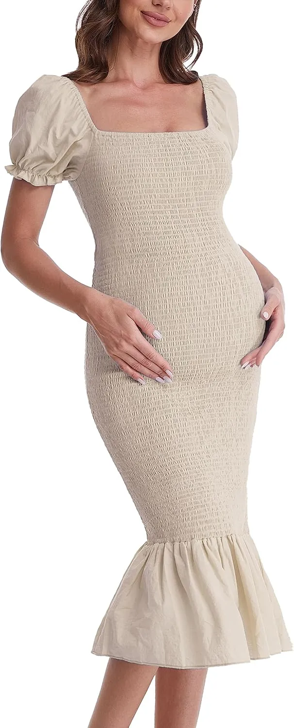 Maternity Summer Midi Bodycon Dresses, Short Puff Sleeve Square Neck Ruffle Hem Mermaid Baby Shower Dress