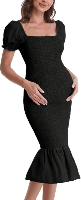 Maternity Summer Midi Bodycon Dresses, Short Puff Sleeve Square Neck Ruffle Hem Mermaid Baby Shower Dress