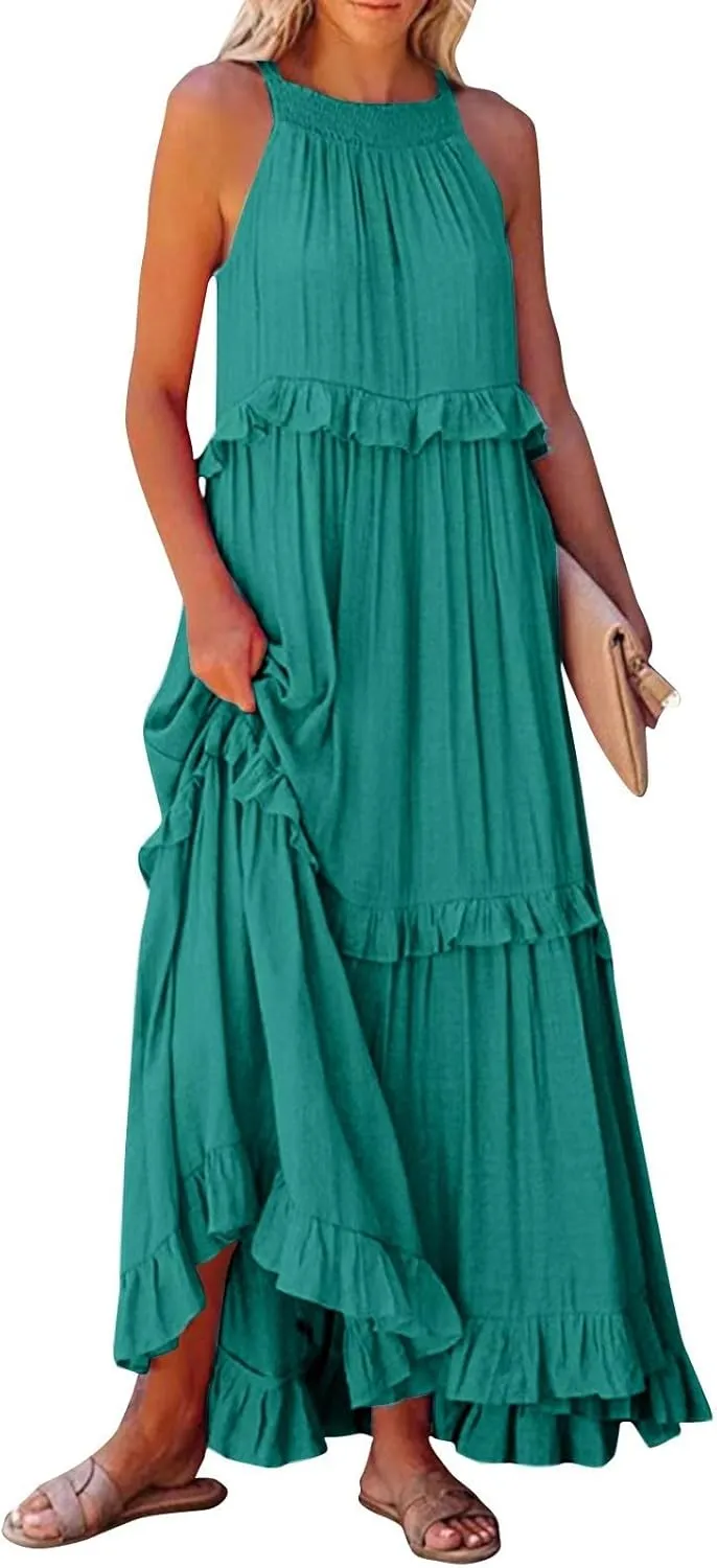 Maxi Dresses for Women 2025 Halter Neck Sleeveless Tiered Long Dress Flowy Comfy Smocked Ruffle Beach Sundresses
