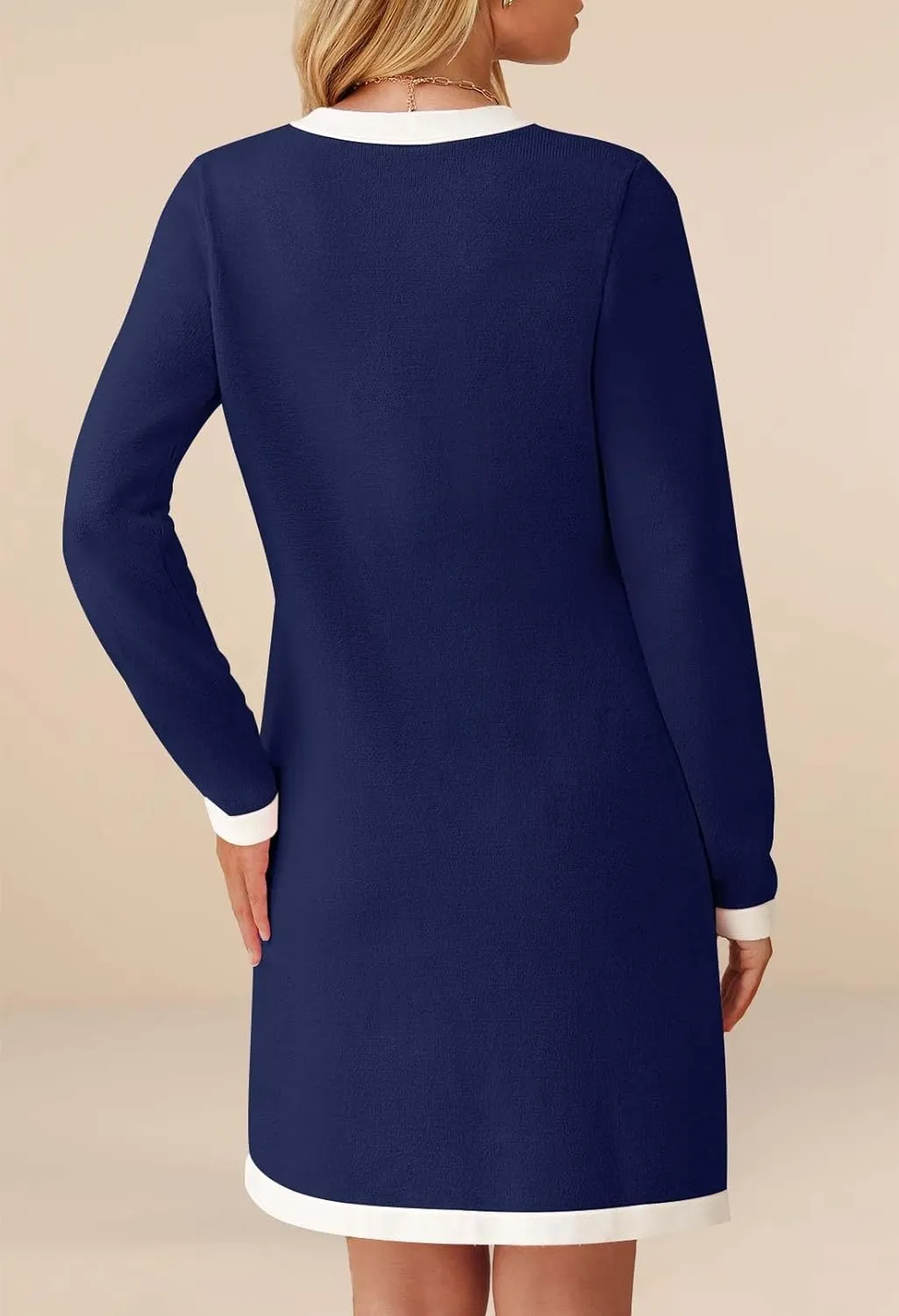 MEROKEETY Women Long Sleeve Color Block Sweater Dress Button Bow Tie Elegant Formal Work Mini Dresses