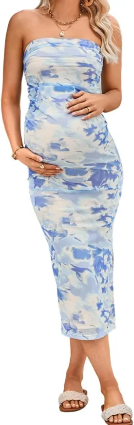 Milumia Women's Maternity Floral Mesh Split Strapless Tube Dress Bodycon Maxi Dresses