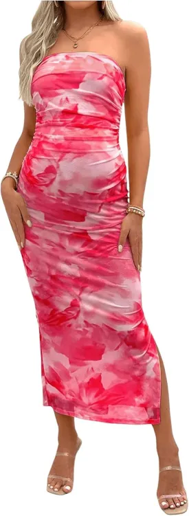 Milumia Women's Maternity Floral Mesh Split Strapless Tube Dress Bodycon Maxi Dresses