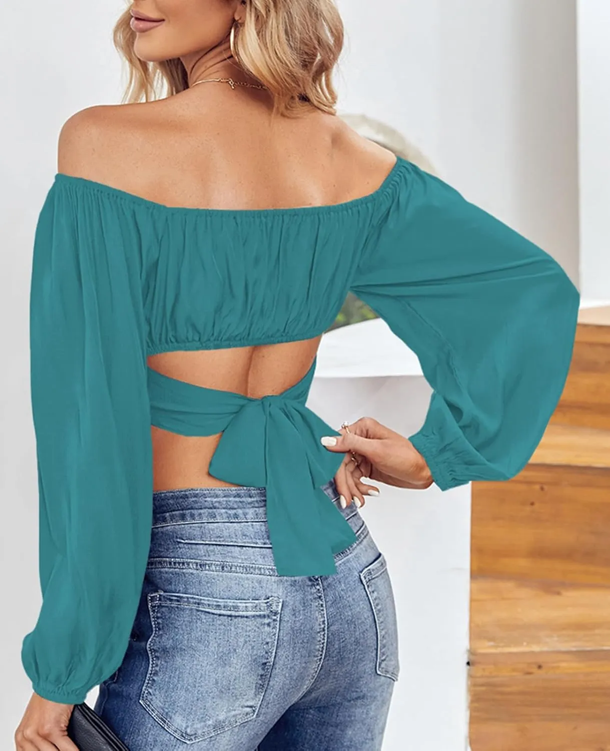 MIRACMODA Woman Off Shoulder Ruched Tie Back Crop Top Summer Lantern Sleeve Boho Shirt Blouse