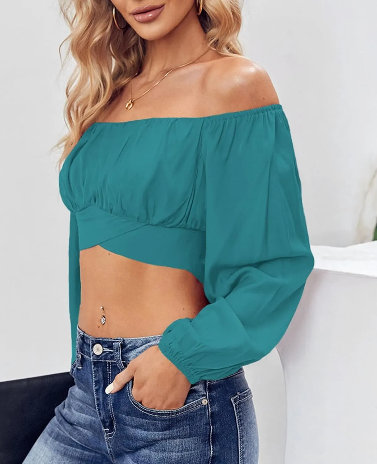 MIRACMODA Woman Off Shoulder Ruched Tie Back Crop Top Summer Lantern Sleeve Boho Shirt Blouse