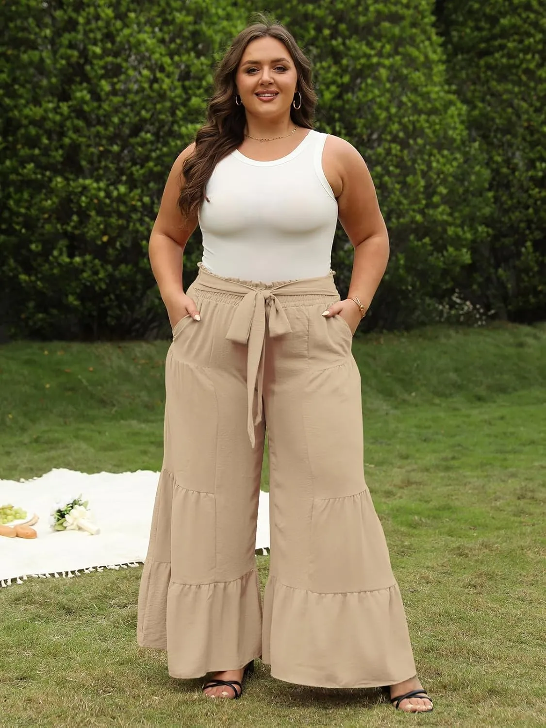 Moon Wood Plus Size Wide Leg Pants Woman High Waisted Palazzo Flowy Pants with Pockets Trendy Casual Summer Pants