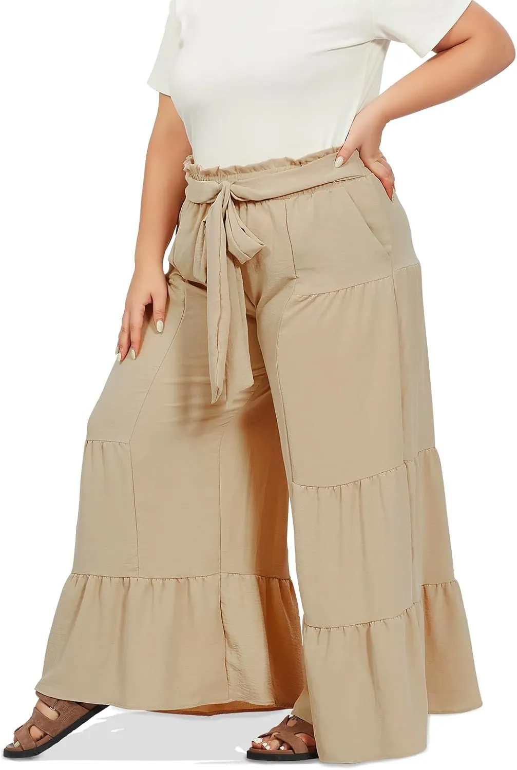 Moon Wood Plus Size Wide Leg Pants Woman High Waisted Palazzo Flowy Pants with Pockets Trendy Casual Summer Pants