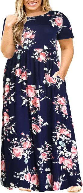 Nemidor Plus Size Maxi Dresses for Curvy Women Summer Casual Loose Short Sleeve Long Beach Dress with Pocket