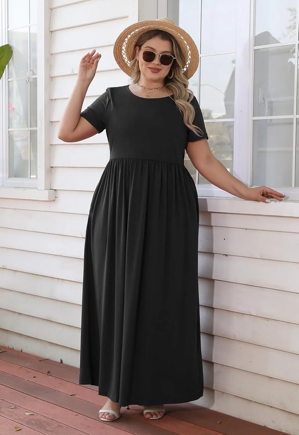 Nemidor Plus Size Maxi Dresses for Curvy Women Summer Casual Loose Short Sleeve Long Beach Dress with Pocket