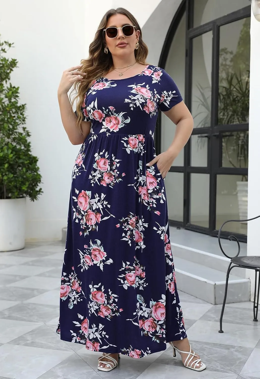 Nemidor Plus Size Maxi Dresses for Curvy Women Summer Casual Loose Short Sleeve Long Beach Dress with Pocket