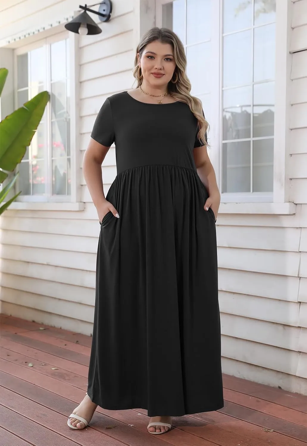 Nemidor Plus Size Maxi Dresses for Curvy Women Summer Casual Loose Short Sleeve Long Beach Dress with Pocket