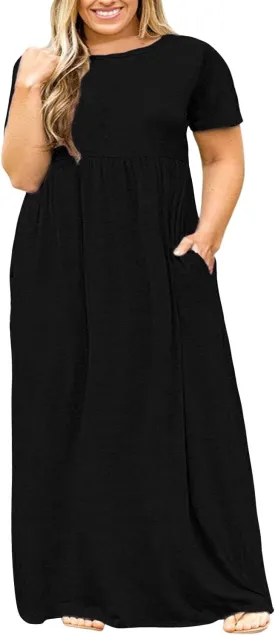 Nemidor Plus Size Maxi Dresses for Curvy Women Summer Casual Loose Short Sleeve Long Beach Dress with Pocket