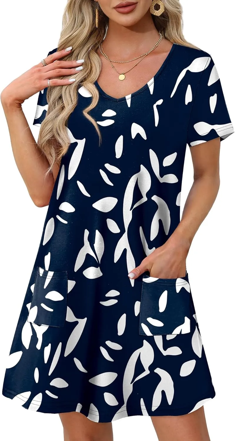 OFEEFAN Summer Dresses for Women 2025 Loose V Neck Short Sleeve Casual T Shirt Dress Sundresses Swimsuit Coverup with Pockets