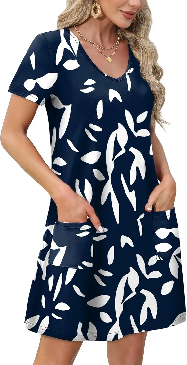 OFEEFAN Summer Dresses for Women 2025 Loose V Neck Short Sleeve Casual T Shirt Dress Sundresses Swimsuit Coverup with Pockets
