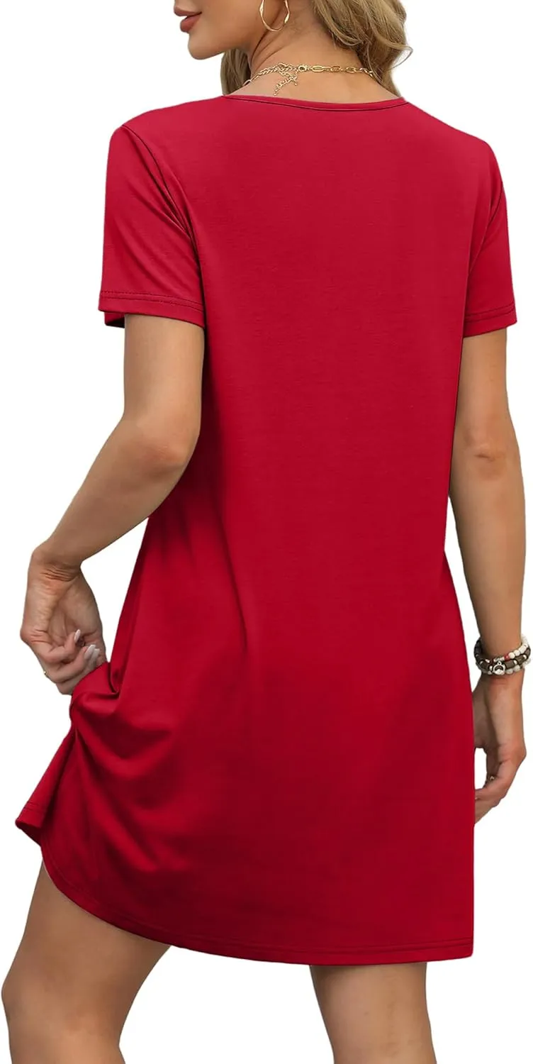 OFEEFAN Summer Dresses for Women 2025 Loose V Neck Short Sleeve Casual T Shirt Dress Sundresses Swimsuit Coverup with Pockets