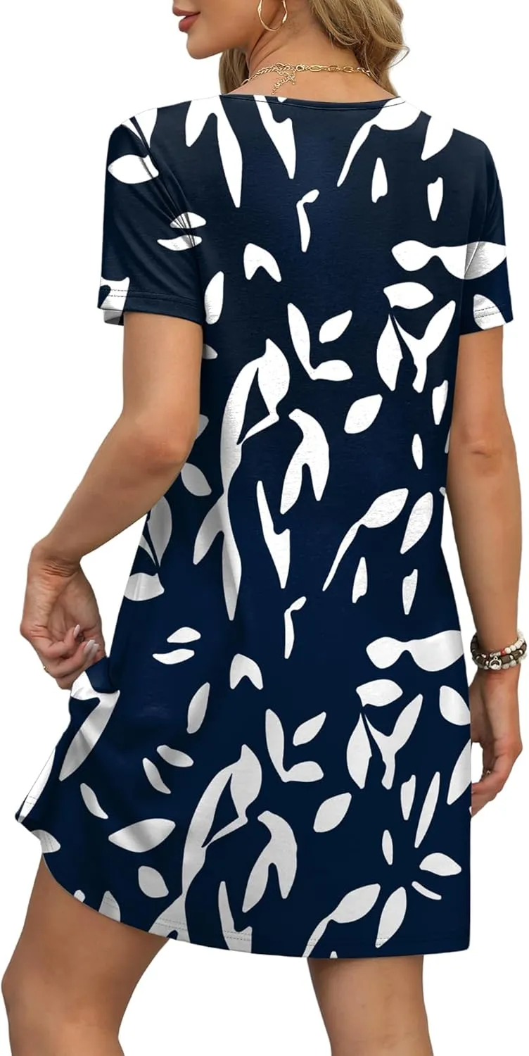 OFEEFAN Summer Dresses for Women 2025 Loose V Neck Short Sleeve Casual T Shirt Dress Sundresses Swimsuit Coverup with Pockets