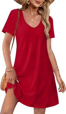 OFEEFAN Summer Dresses for Women 2025 Loose V Neck Short Sleeve Casual T Shirt Dress Sundresses Swimsuit Coverup with Pockets