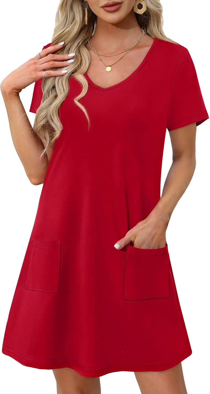 OFEEFAN Summer Dresses for Women 2025 Loose V Neck Short Sleeve Casual T Shirt Dress Sundresses Swimsuit Coverup with Pockets