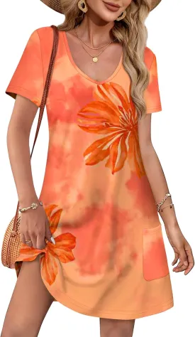 OFEEFAN Summer Dresses for Women 2025 Loose V Neck Short Sleeve Casual T Shirt Dress Sundresses Swimsuit Coverup with Pockets