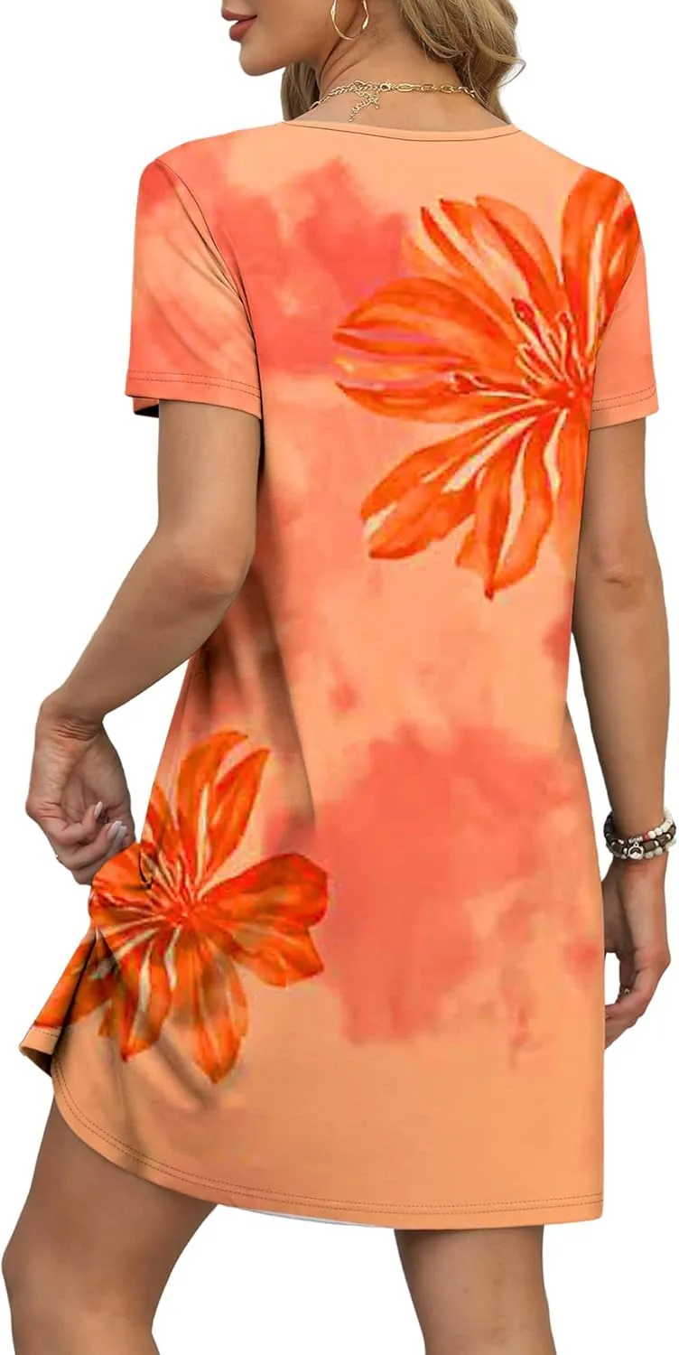 OFEEFAN Summer Dresses for Women 2025 Loose V Neck Short Sleeve Casual T Shirt Dress Sundresses Swimsuit Coverup with Pockets