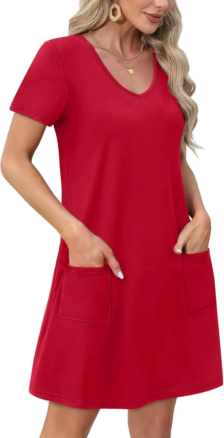 OFEEFAN Summer Dresses for Women 2025 Loose V Neck Short Sleeve Casual T Shirt Dress Sundresses Swimsuit Coverup with Pockets