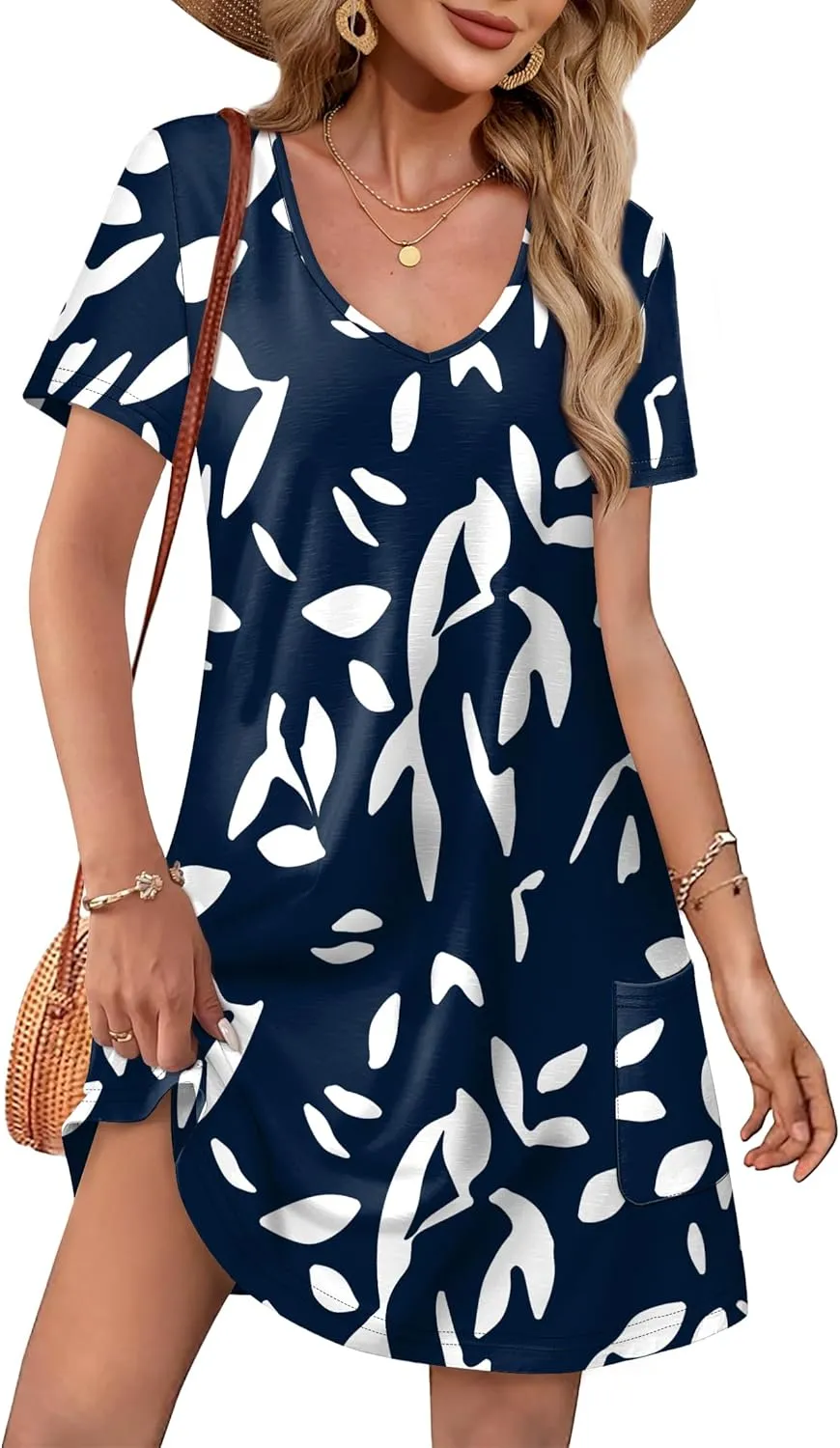 OFEEFAN Summer Dresses for Women 2025 Loose V Neck Short Sleeve Casual T Shirt Dress Sundresses Swimsuit Coverup with Pockets