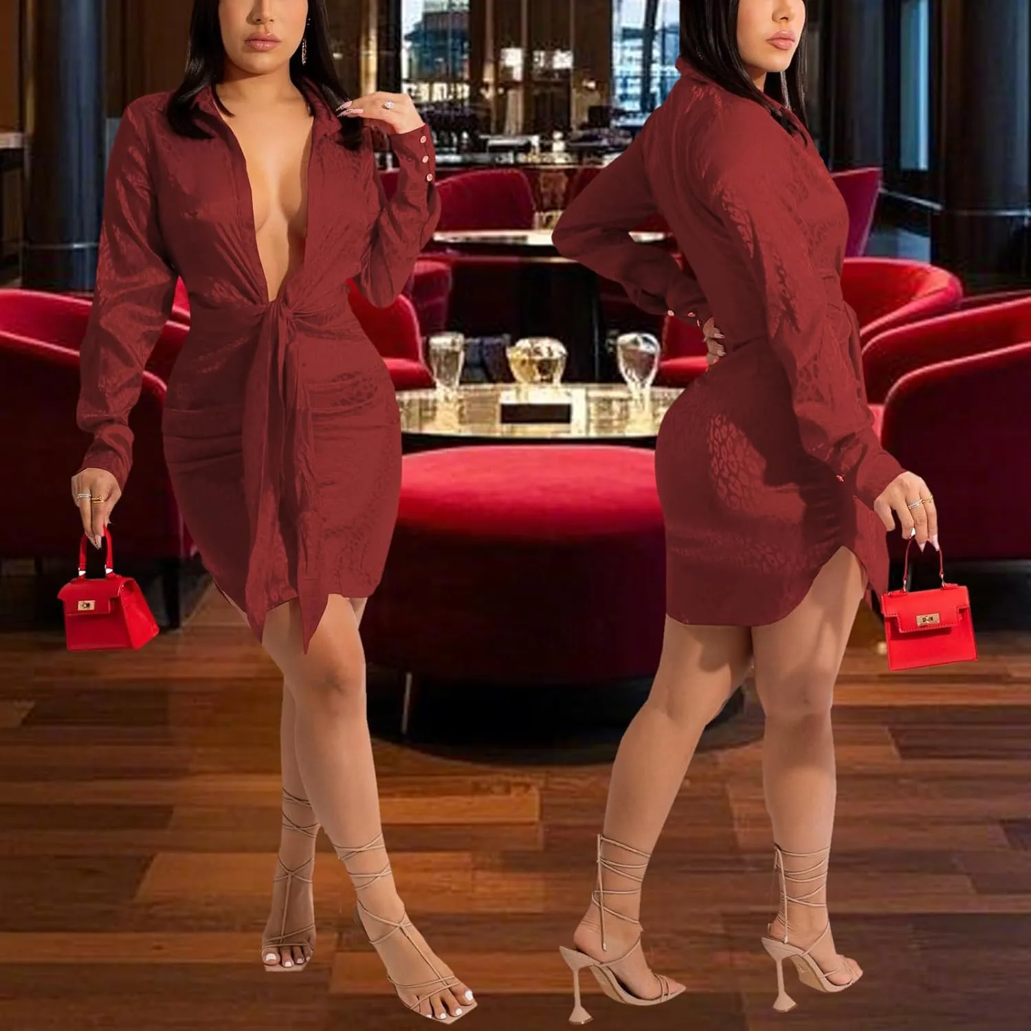 PaladMom Women's Casual Ruched Shirt Dress Sexy Deep V Neck Long Sleeve Button Down T-Shirts Blouse Wrap Dress
