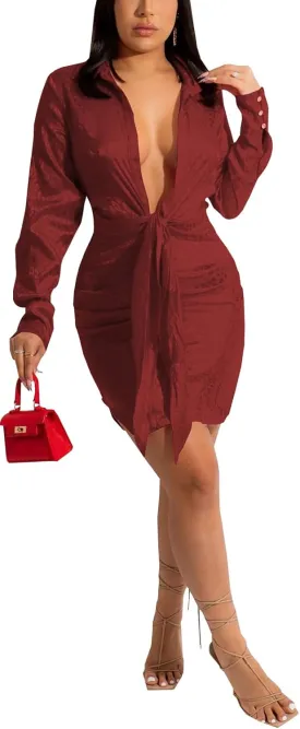 PaladMom Women's Casual Ruched Shirt Dress Sexy Deep V Neck Long Sleeve Button Down T-Shirts Blouse Wrap Dress