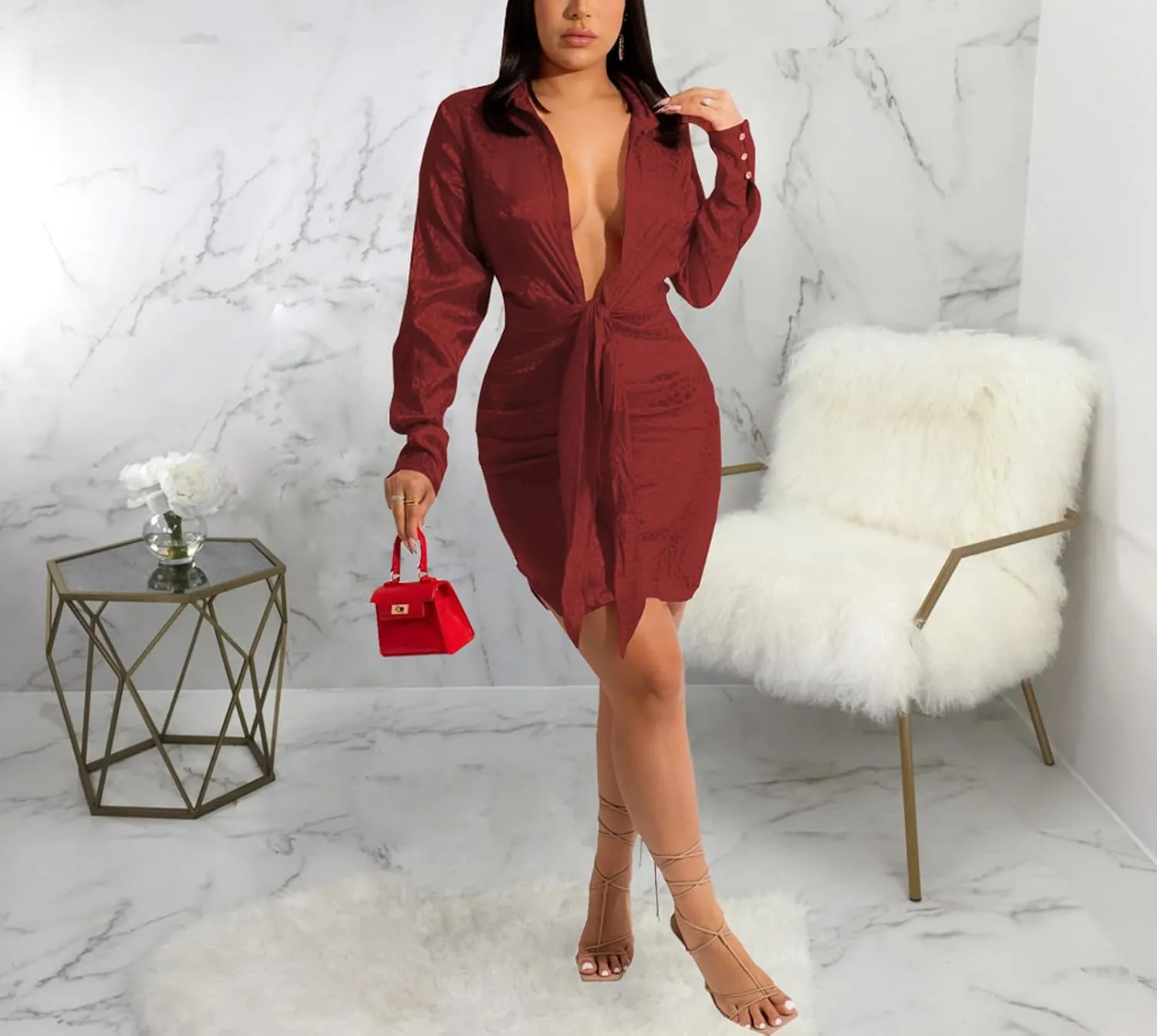 PaladMom Women's Casual Ruched Shirt Dress Sexy Deep V Neck Long Sleeve Button Down T-Shirts Blouse Wrap Dress