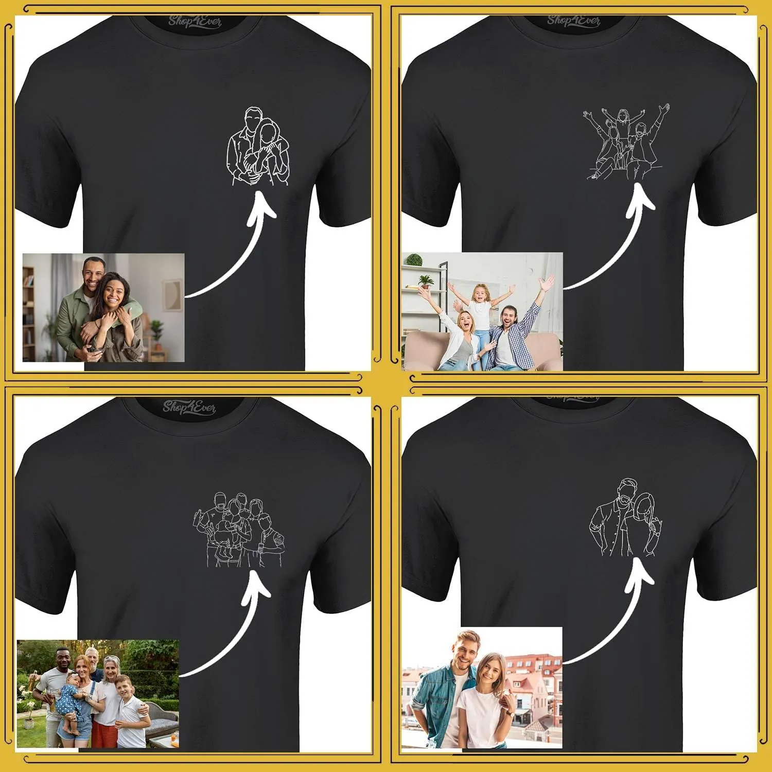 Personalized Custom Couples or Family Photo to Minimal Outline Sketch Art T-Shirt