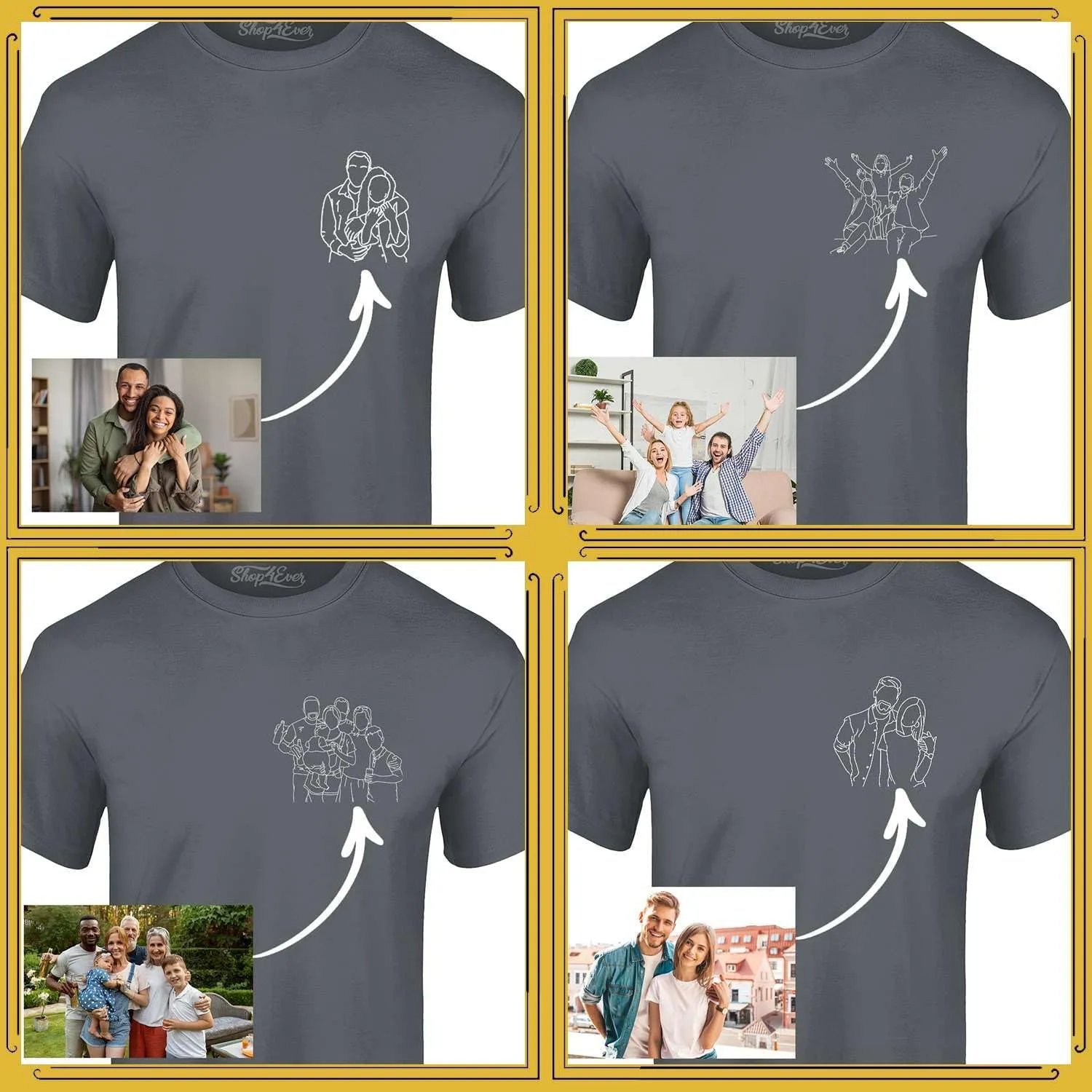 Personalized Custom Couples or Family Photo to Minimal Outline Sketch Art T-Shirt
