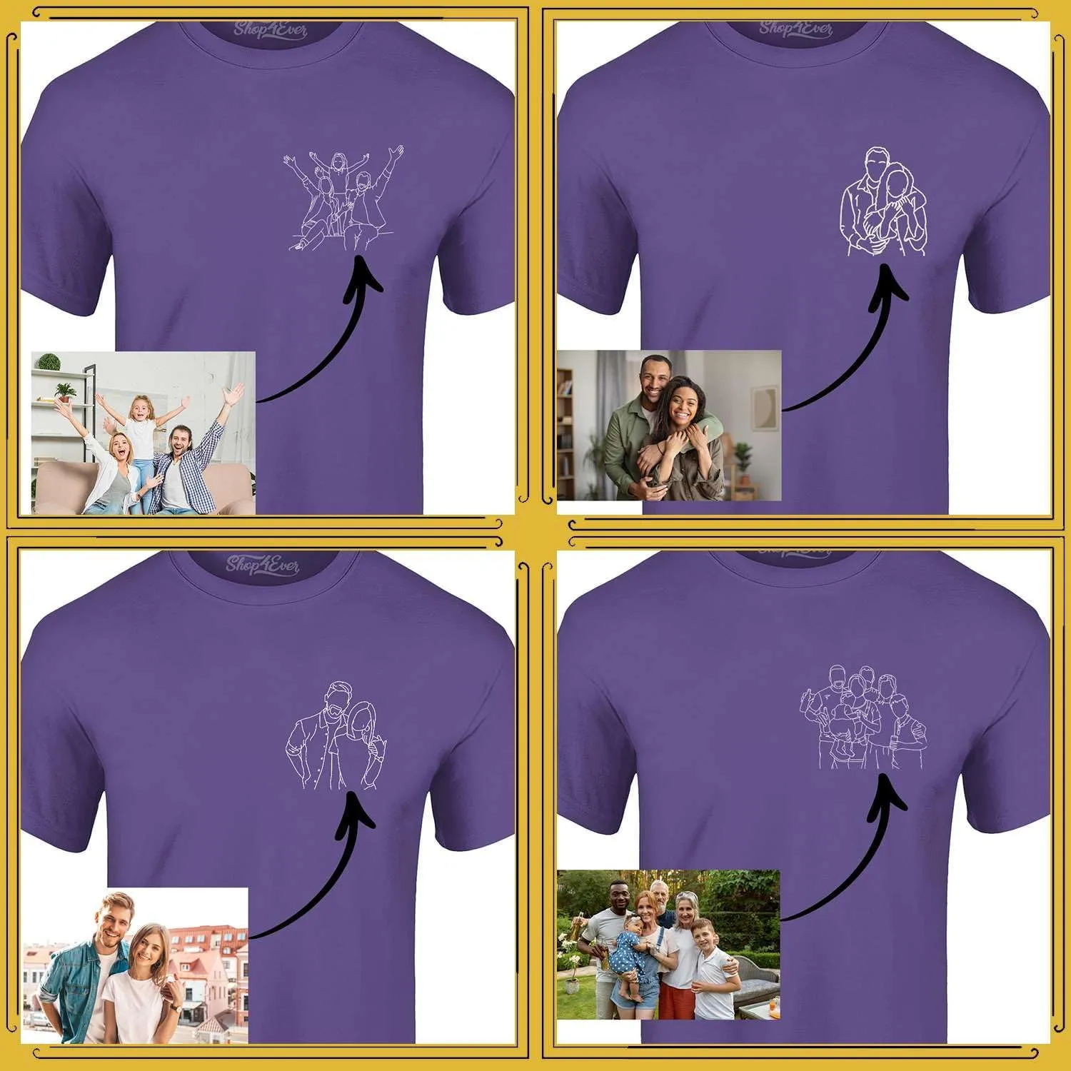 Personalized Custom Couples or Family Photo to Minimal Outline Sketch Art T-Shirt