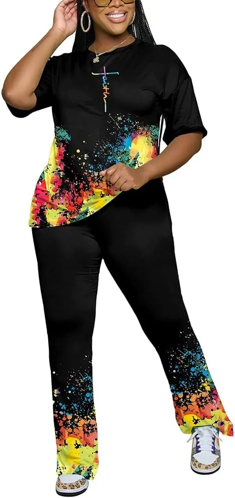 PINSV Women 2 Piece Outfits Short Sleeve Top and Flare Pants Lounge Sets Tracksuit
