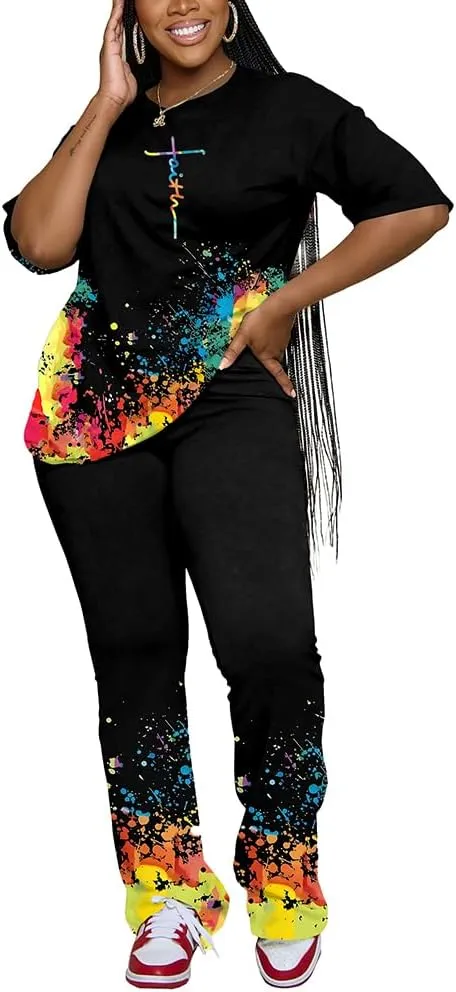 PINSV Women 2 Piece Outfits Short Sleeve Top and Flare Pants Lounge Sets Tracksuit