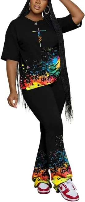 PINSV Women 2 Piece Outfits Short Sleeve Top and Flare Pants Lounge Sets Tracksuit