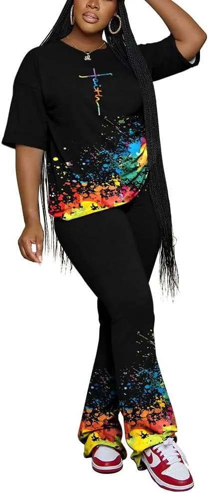 PINSV Women 2 Piece Outfits Short Sleeve Top and Flare Pants Lounge Sets Tracksuit