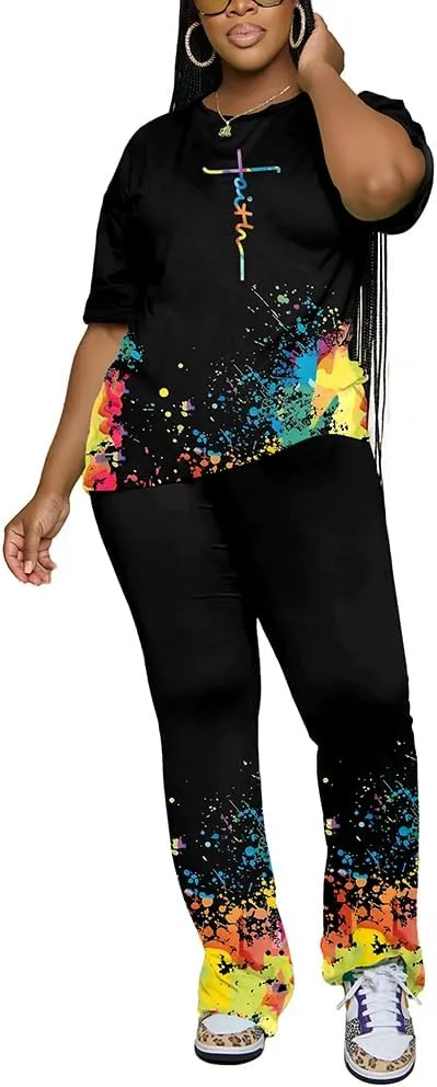PINSV Women 2 Piece Outfits Short Sleeve Top and Flare Pants Lounge Sets Tracksuit