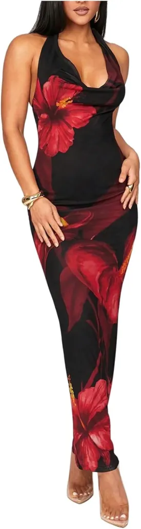 SOLY HUX Women's Floral Print Halter Maxi Dress Draped Cowl Neck Sleeveless Backless Bodycon Party Cocktail Long Dresses