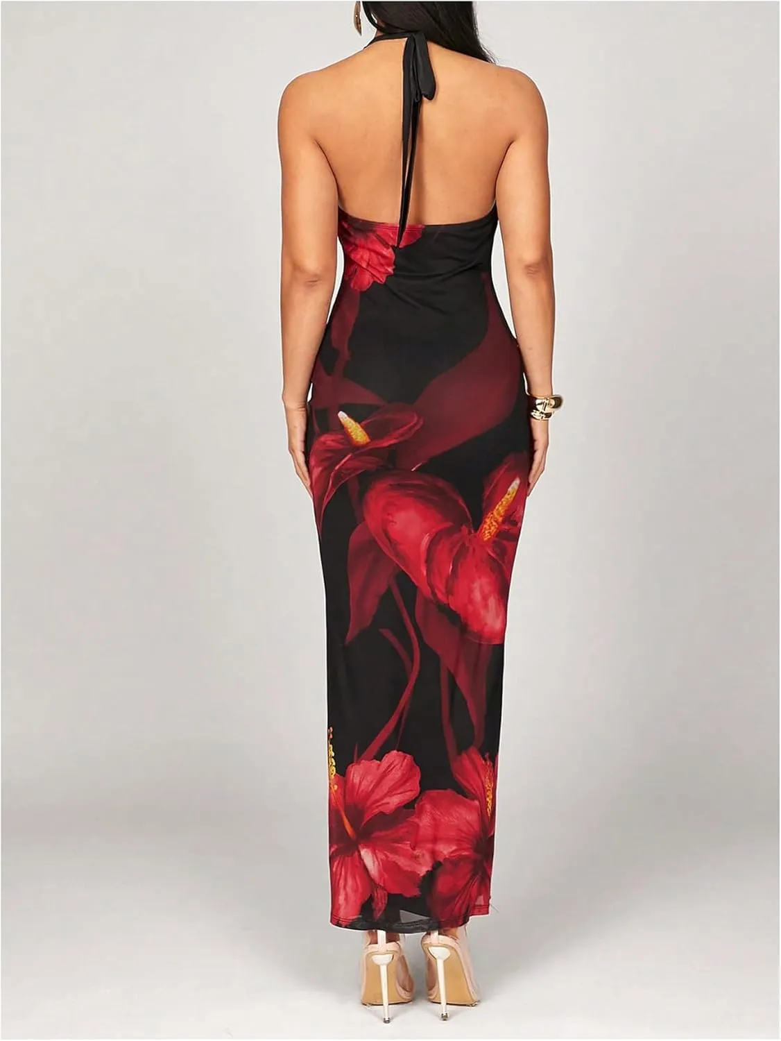 SOLY HUX Women's Floral Print Halter Maxi Dress Draped Cowl Neck Sleeveless Backless Bodycon Party Cocktail Long Dresses