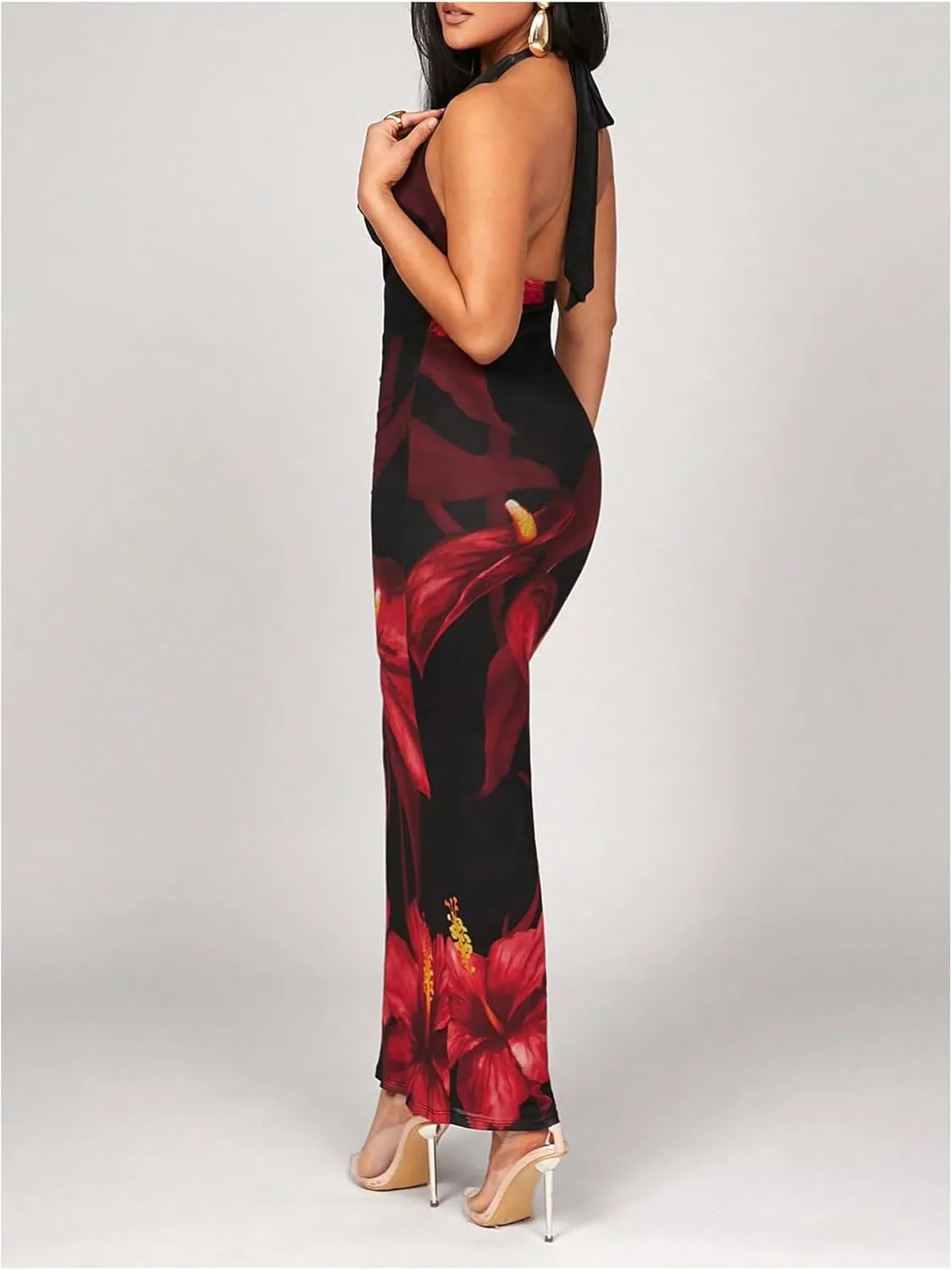 SOLY HUX Women's Floral Print Halter Maxi Dress Draped Cowl Neck Sleeveless Backless Bodycon Party Cocktail Long Dresses