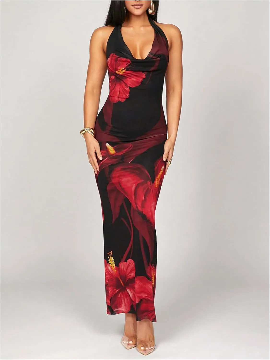SOLY HUX Women's Floral Print Halter Maxi Dress Draped Cowl Neck Sleeveless Backless Bodycon Party Cocktail Long Dresses
