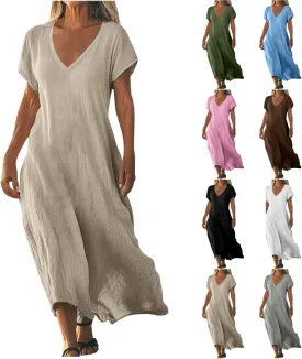 Summer Dresses for Women 2025 Vacation Boho Linen Flowy Dress Casual Short Sleeve v Neck T Shirt Maxi Beach Sundress