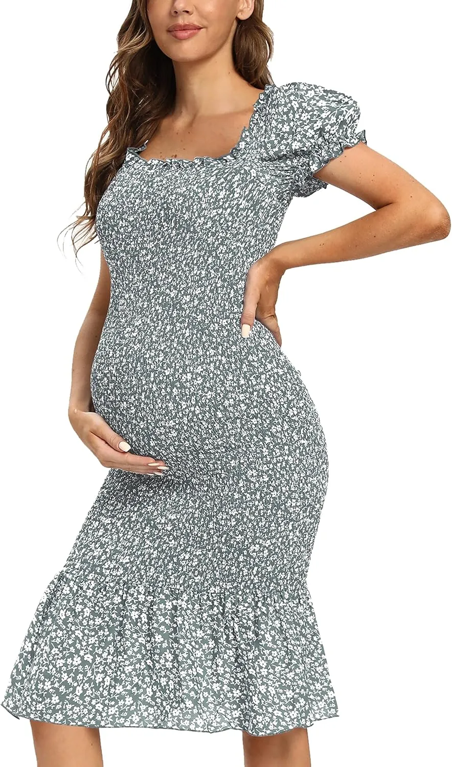 Summer Floral Midi Bodycon Maternity Dresses, Short Puff Sleeve Square Neck Ruffle Hem Mermaid Baby Shower Dress