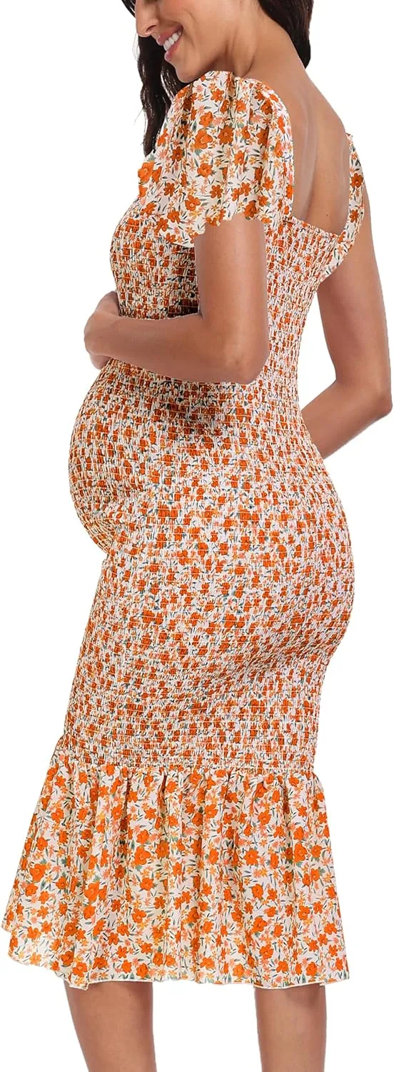 Summer Floral Midi Bodycon Maternity Dresses, Short Puff Sleeve Square Neck Ruffle Hem Mermaid Baby Shower Dress