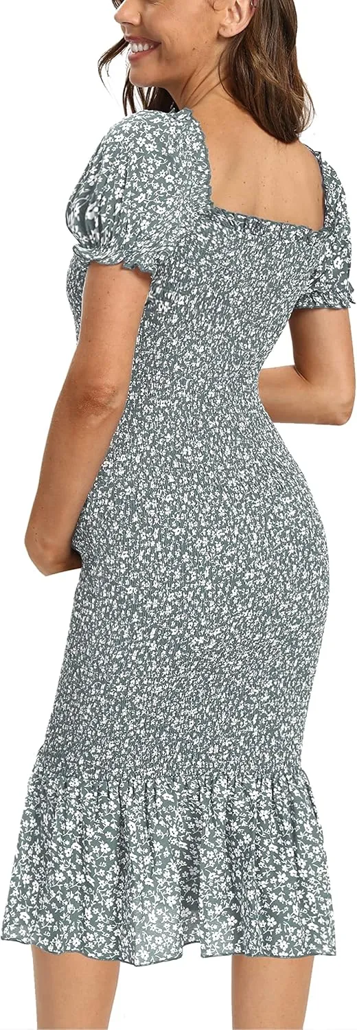 Summer Floral Midi Bodycon Maternity Dresses, Short Puff Sleeve Square Neck Ruffle Hem Mermaid Baby Shower Dress