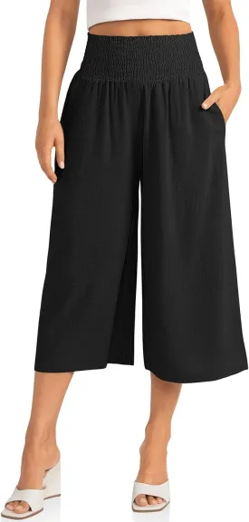 TARSE Womens Linen Palazzo Capri Pants Boho Summer Smocked High Waist Wide Leg Casual Loose Trousers with Pockets Flowy Pants