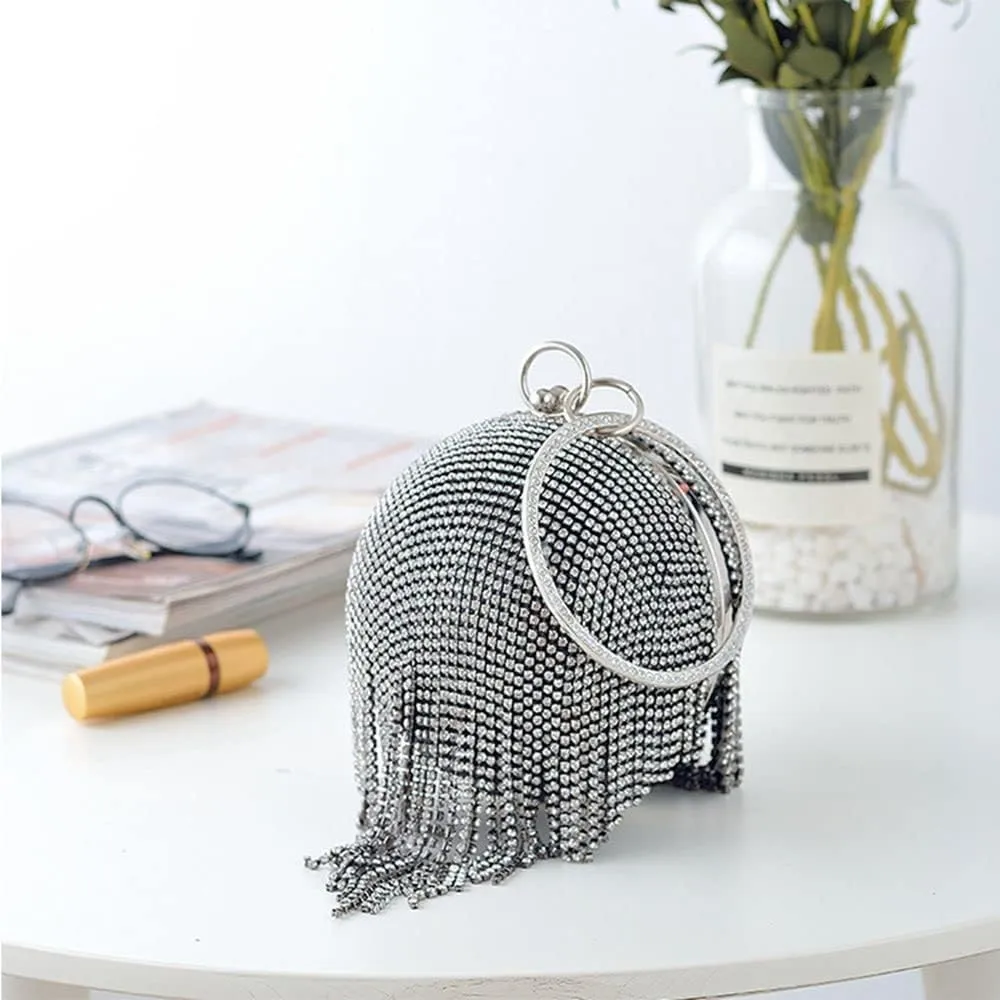UMREN Women Round Ball Crystal Evening Clutch Purse Tassel Wedding Party Hand Bags