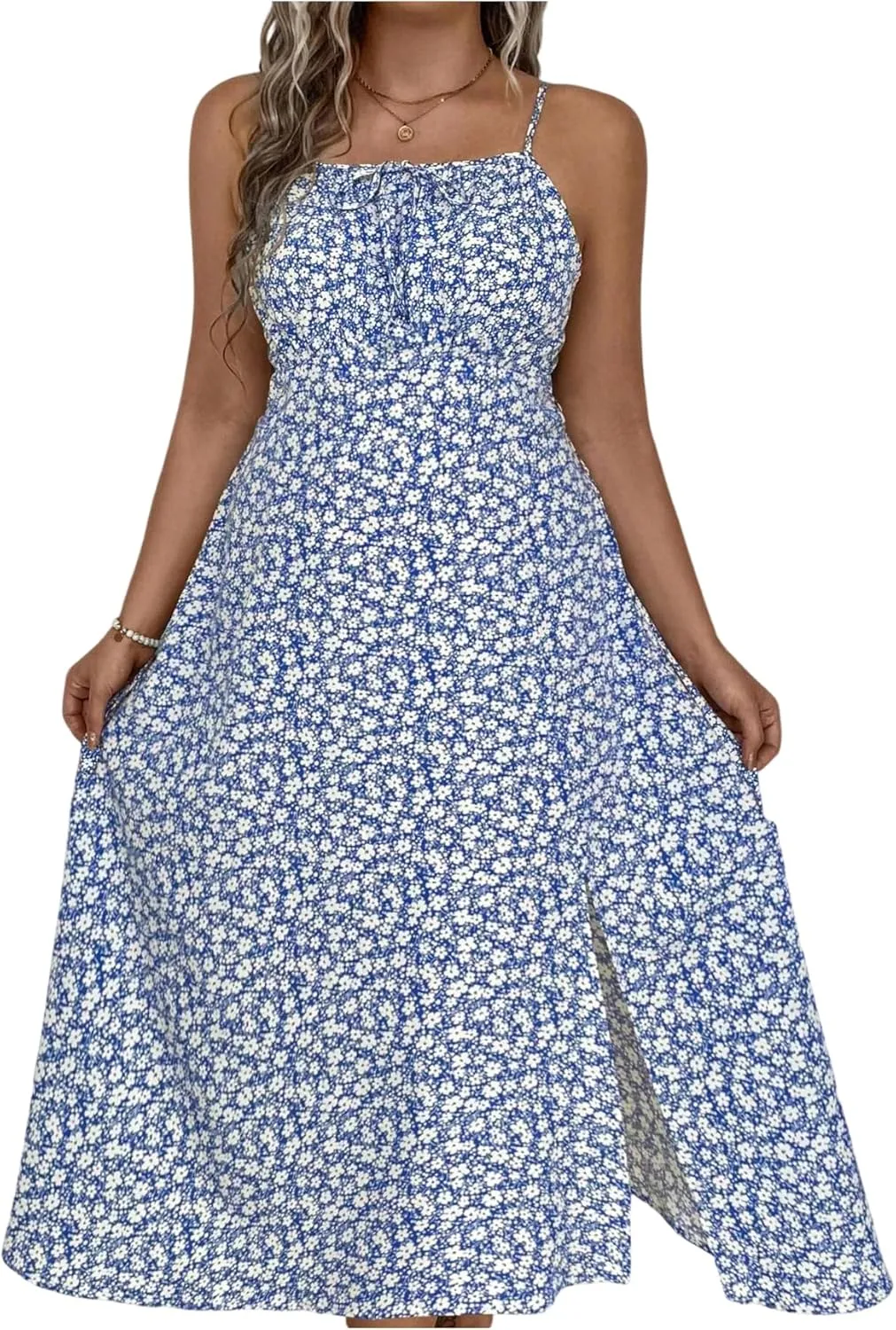 Verdusa Women's Plus Size Floral Slit Sun Dresses Bow Tie Shirred Backless Long Cami Dress