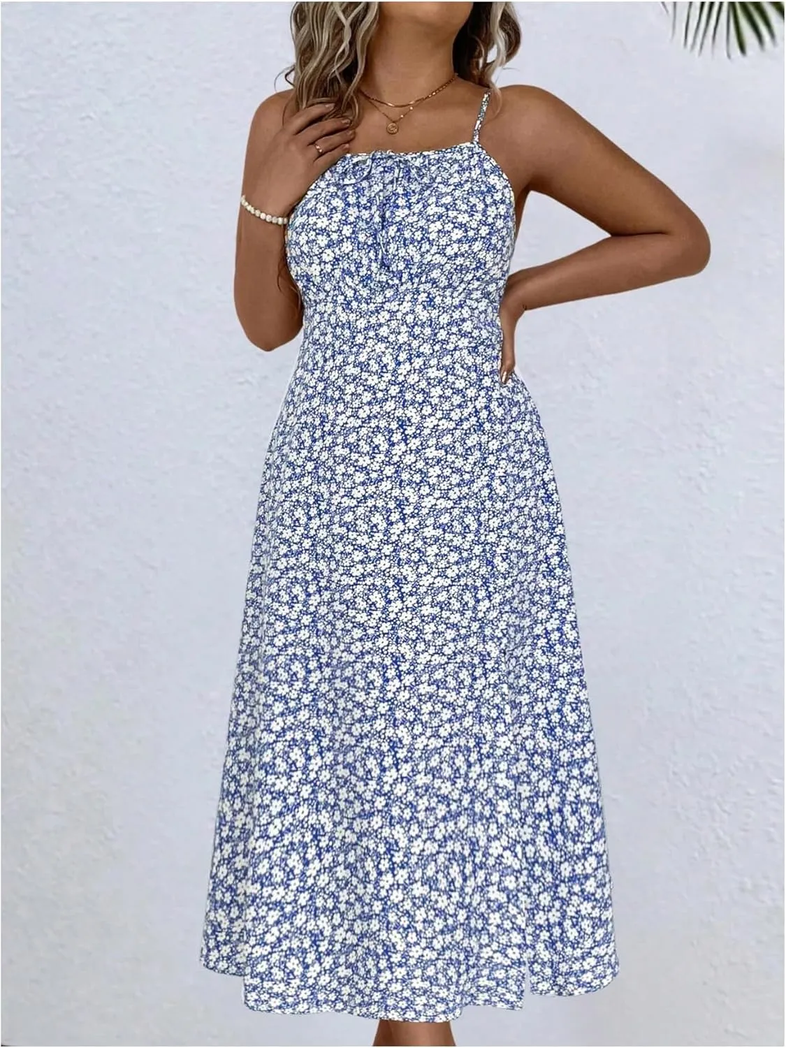 Verdusa Women's Plus Size Floral Slit Sun Dresses Bow Tie Shirred Backless Long Cami Dress