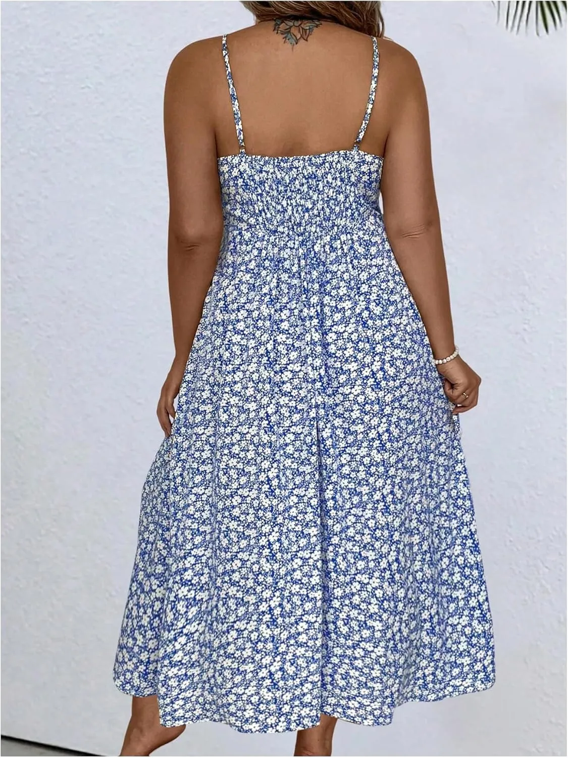 Verdusa Women's Plus Size Floral Slit Sun Dresses Bow Tie Shirred Backless Long Cami Dress